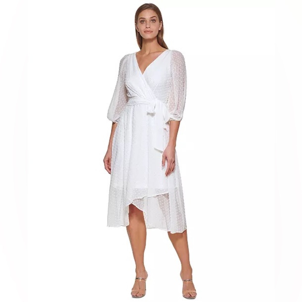 DKNY Petite Swiss-Dot Faux-Wrap Dress